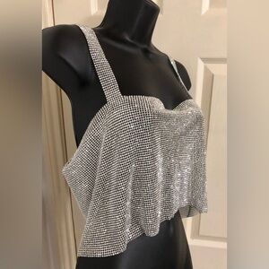 Silver mesh crystal rhinestone cz cowlneck‎ cropped open back top size large new